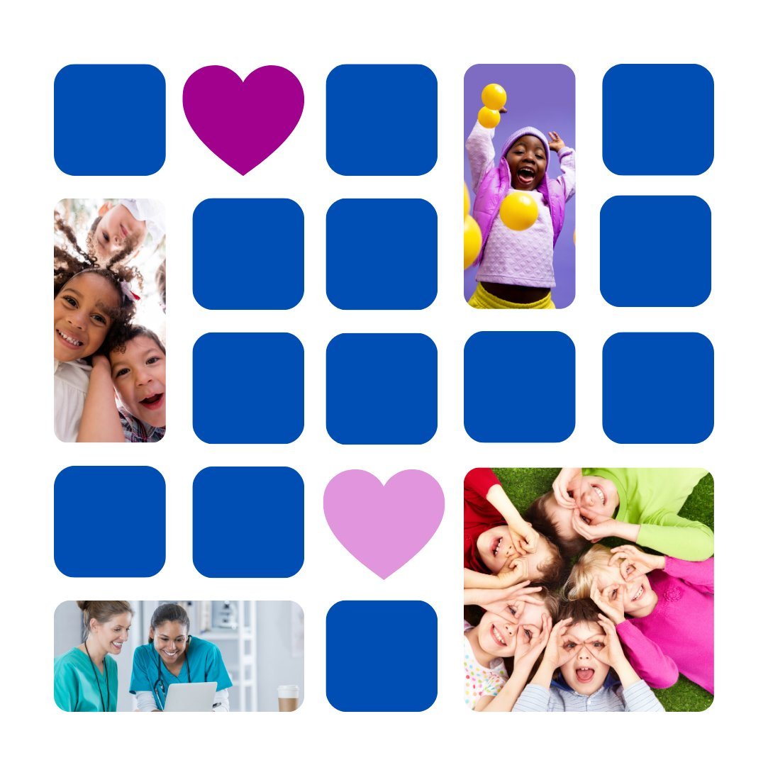 Mosaic of PHOENIX brand shapes and photos of smiling children